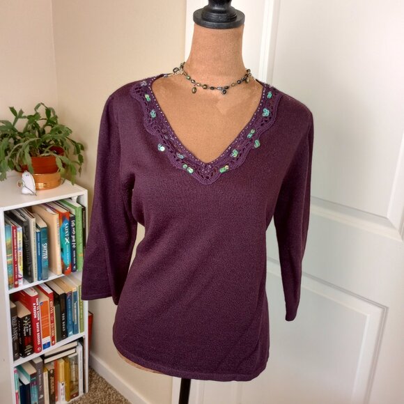 Vintage Deep Purple Whimsygtoh Y2K Sequin Trim Knit Super Soft Top Sag Harbor - Picture 6 of 6